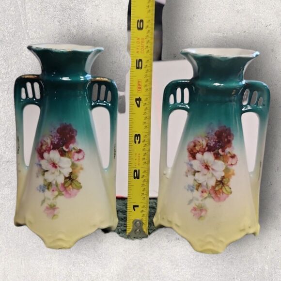 Pair Vintage Czechoslovakian Double Handle Bud Vases Hand Painted Roses Teal - Picture 7 of 8